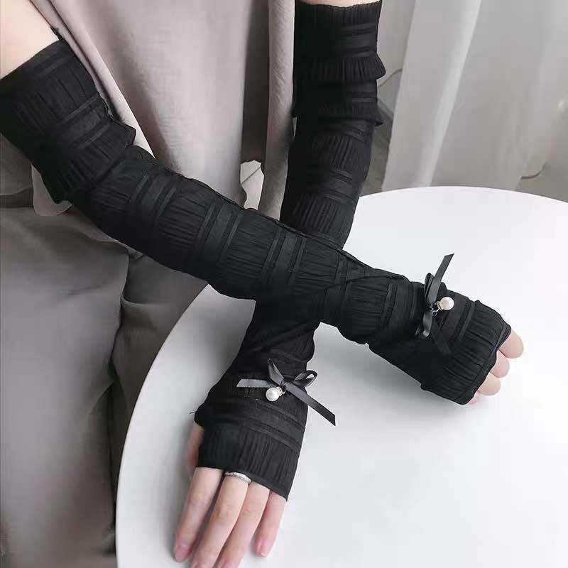 Summer Women Lace Thin Breathable Gloves Sun Protection Gloves Fingerless Outdoor Cycling Arm Sleeves Female: black