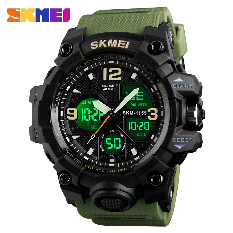 Skmei luminous dual display herre sportsure mandlige quartz armbåndsur stopur automatisk dato alarm elektronisk ur 1155b farve: Militærgrøn