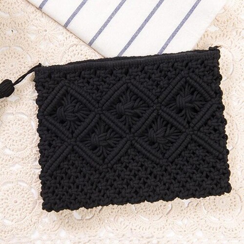 National Style Woven Bags Clutch Hollow Out Straw Handbags Vintage Rattan Beach Bag String Knitted Tassel Hand Tote: black