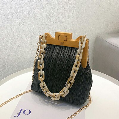 Moda palha tecer clipe de madeira saco de ombro das mulheres luxo acrílico corrente bolsa feminina designer pequena concha bolsa feminina nova: Black