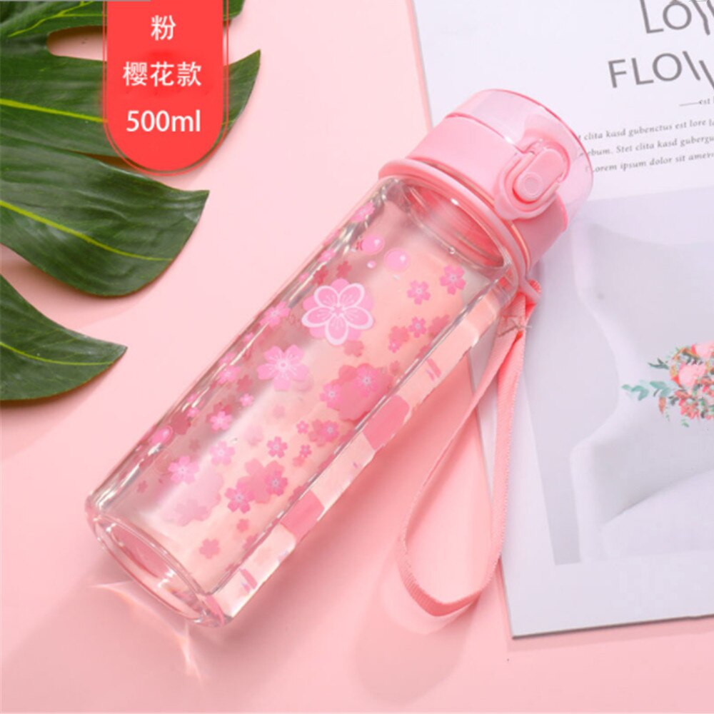Summer 500ml Water Bottle Flower Portable Leak-proof Pink Bule Outdoor Bicycle Sports Drinking Cup Plastic for Girls: Pink 1