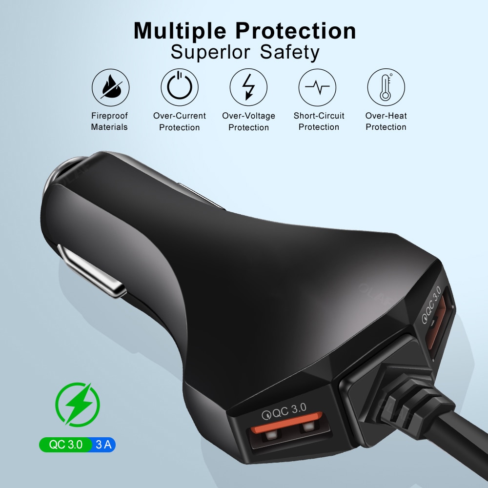 60W 4 Port QC 3.0 Car Charger Quick Charge 3.0 Phone Car Fast Front Back Charger Adapter Car Portable Charger Plug for iPhone