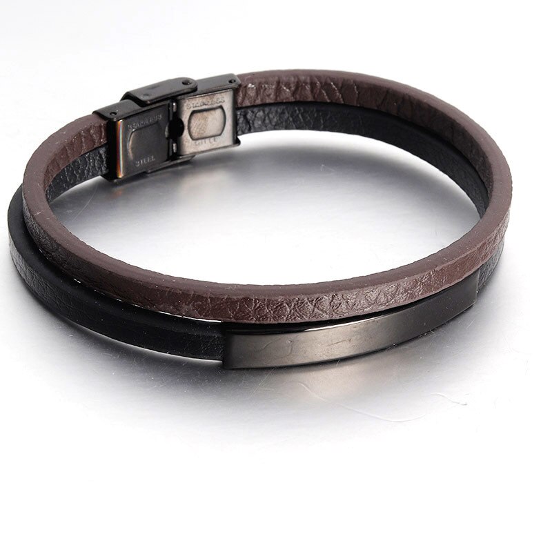 NAIQUBE Leather Men Bracelet Double Vintage Leather Bracelet Men Stainless Steel Magnetic Clasp Bangle Jewelry