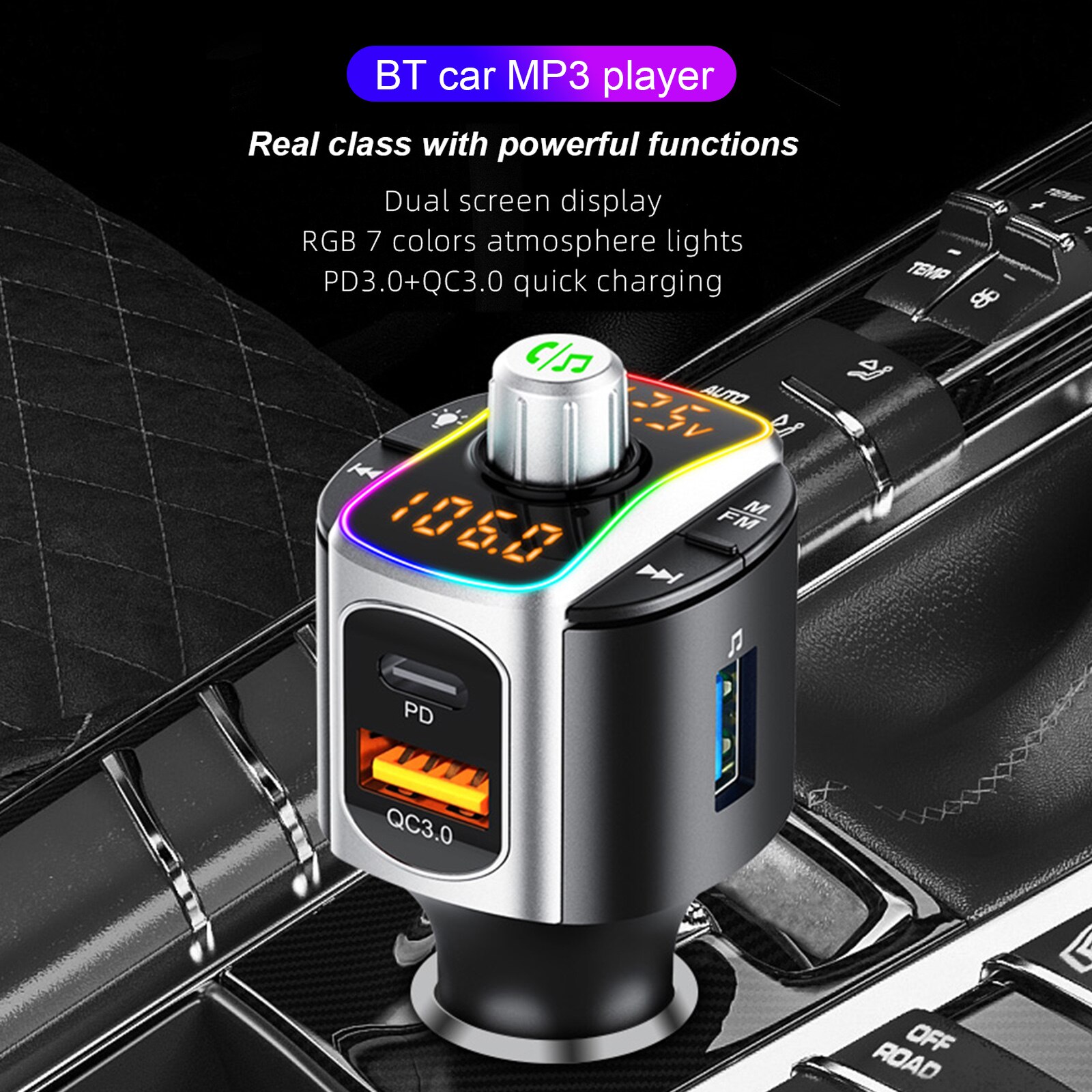 BC67 Car FM Transmitter Bluetooth 5.0 MP3 Audio Player QC3.0+PD Fast Charging Wireless Handsfree Car Kit with LED Backlit