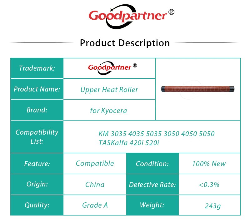 1X 302GR94270 2FG20050 fusor superior rodillo de calor para Kyocera KM 3035, 4035, 5035, 3050, 4050, 5050 TASKalfa 420i 520i FS9120 FS9520