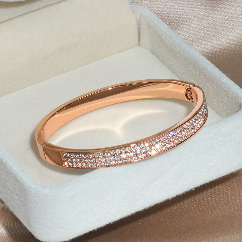 Classic Crystal Cuff Bangles Bracelets For Women Gold Color Simple Femal Opening Bangles Wedding Jewelry Accessories: Rose Gold Color