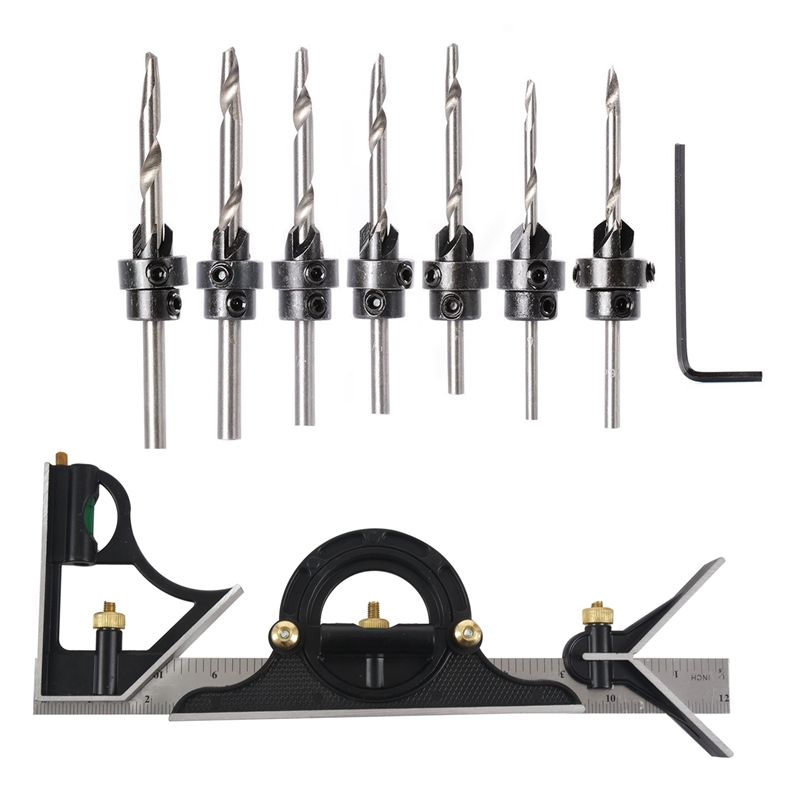 22 Pcs Countersunk Drill Bit Set With Combination Square Set Angle Finder &amp; Protractor Spirit Level Ruler Mitre