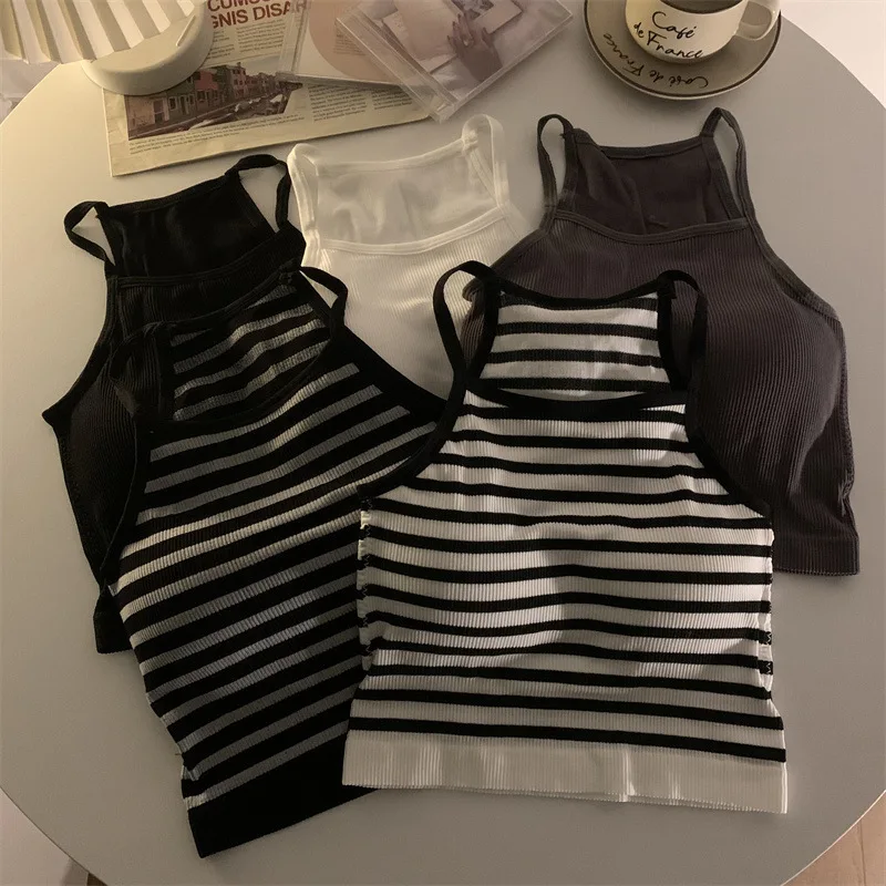 Camisetas sin mangas para mujer versión coreana, Top corto informal liso con almohadilla en el pecho, ropa exterior sin mangas a rayas, camisola básica