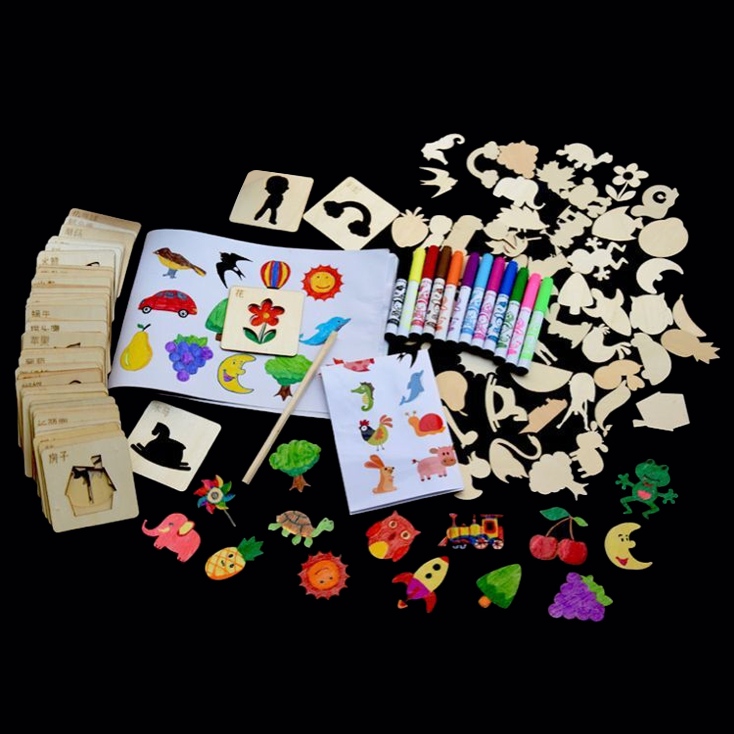120 pièces peinture coloré pochoir Kit ensemble avec brosse copeaux de bois pochoirs référence dessin crayon école modèle aléatoire jouets