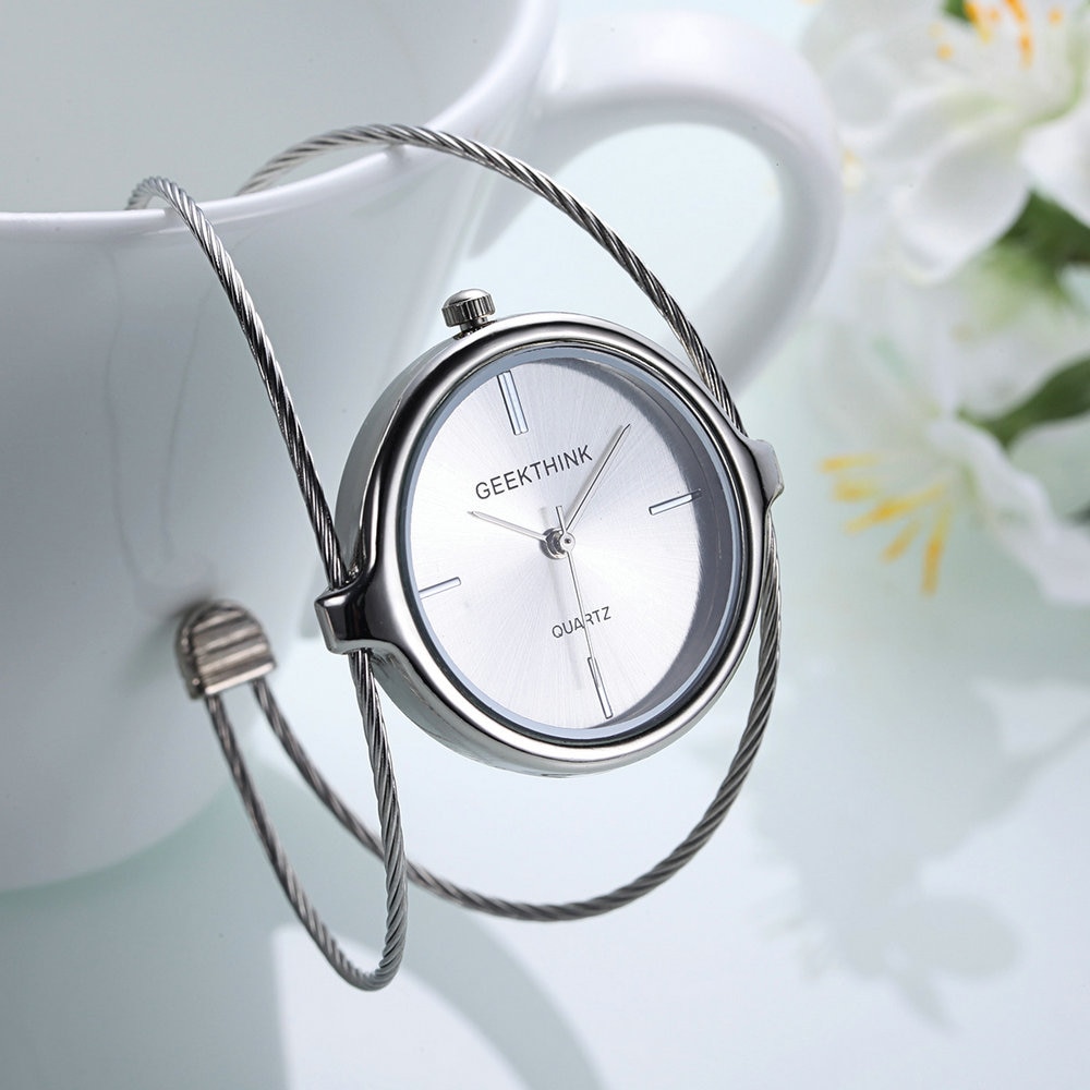 GEEKTHINK Unique Brand Quartz Watch Women Bracelet Ladies Rose Gold Watch female Luxury Double Ring steel band casual: Silver