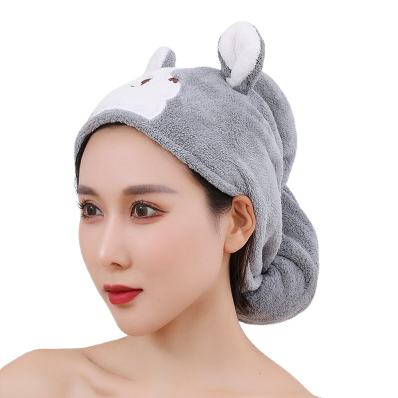 Cartoon Coral Velvet Hair Towel Turban Wrap Quick Dry Shower Hat with Button Cute Dog Microfiber Super Absorbent