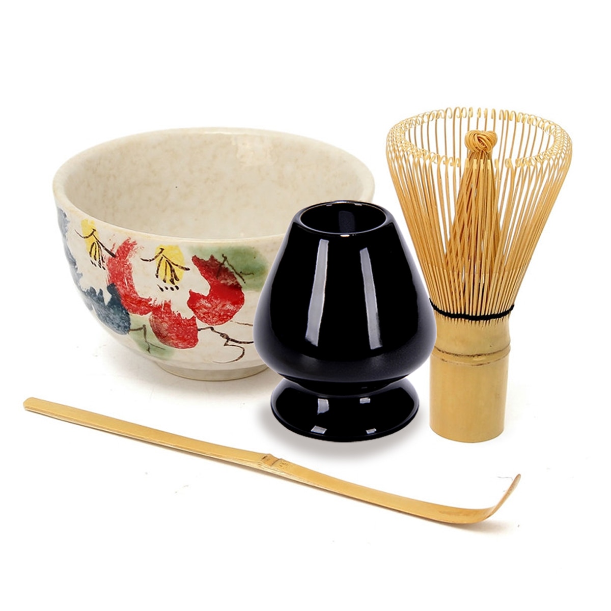 4Pcs/set Traditional Matcha Giftset Natural Bamboo Matcha Whisk Scoop Ceremic Matcha Bowl Whisk Holder Japanese Style Tea Sets: Peony