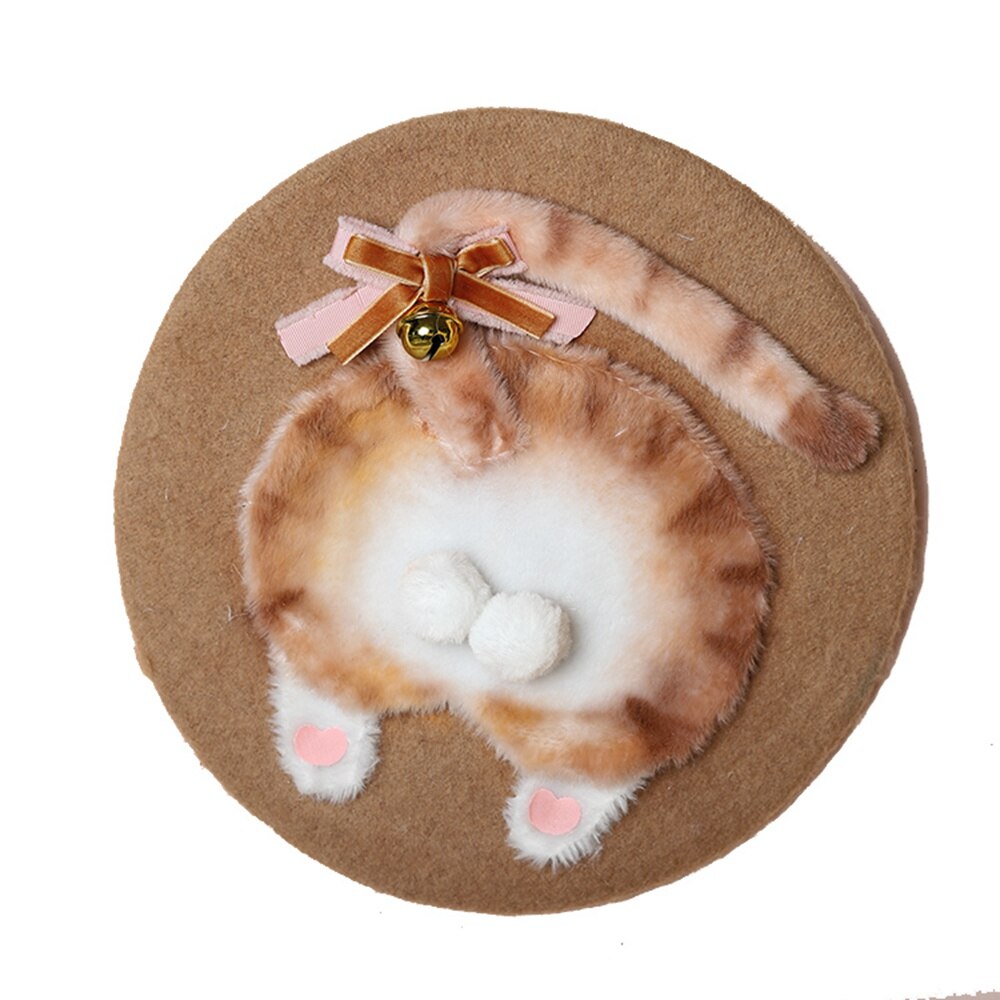 Meisjes Leuke Baret Cartoon Wol Blend Kat Butt Cap Beanie Vrouwen Top Hoed