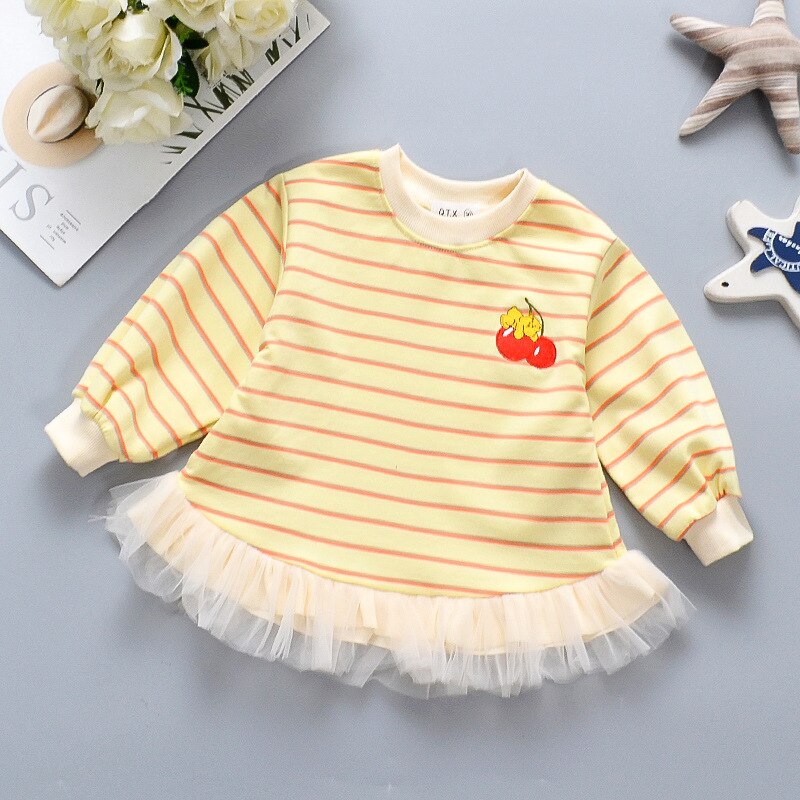 Meisjes Trui Voor 6 Maanden-3 Jaar Oud Prinses Kinderen Lange Mouwen Gestreept O-hals Cherry Borduurwerk Zoete mesh Zoom Top