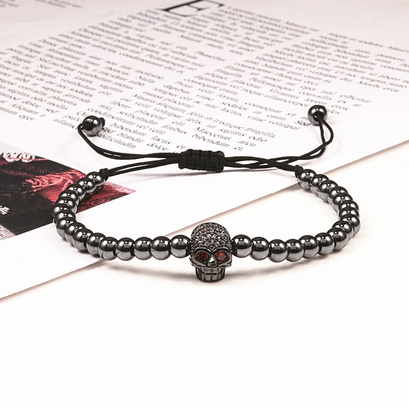 Neue Pflastern CZ Kupfer Perlen Armbänder Schwarz handgefertigt Kristall Schädel Leopard Kopf Krone Würfel Verstellbaren Ständer Armbinde für Frauen Männer