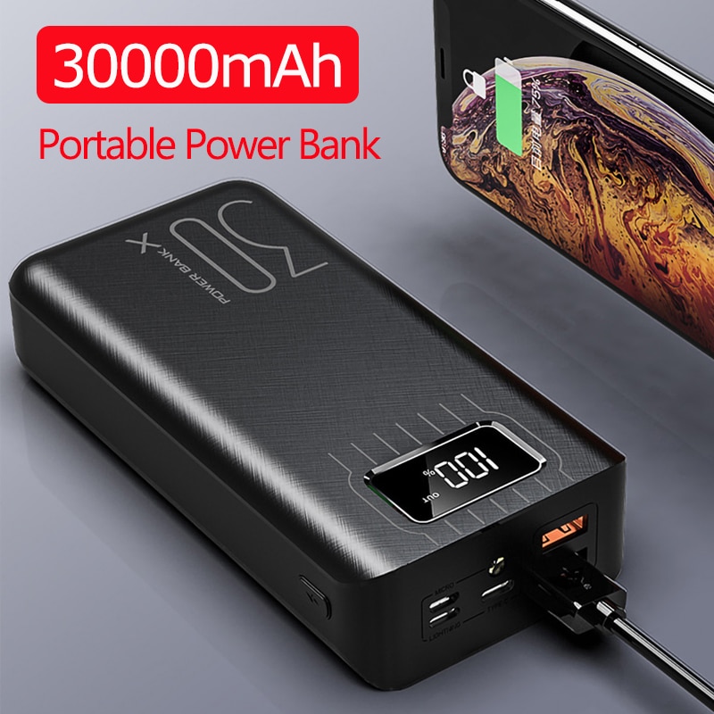 Power Bank 30000mah Display External Portable Charger Fast Charging PoverBank Double USB for All smartphones For Huawei Samsung