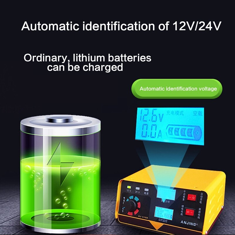 Car Battery Charger 12V 24V Full Automatic Motorcycle Electric 400Ah Car Battery Charger Low Noise + Adapter Eu Plug