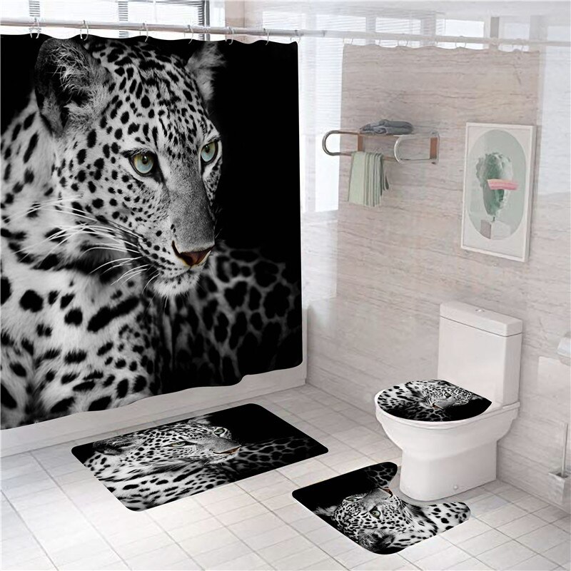 Ensemble de rideau de douche avec tapis, motif animaux, tigre, Lion, imperméable, écran de bain, antidérapant, couvercle de toilette, décor de salle de bain