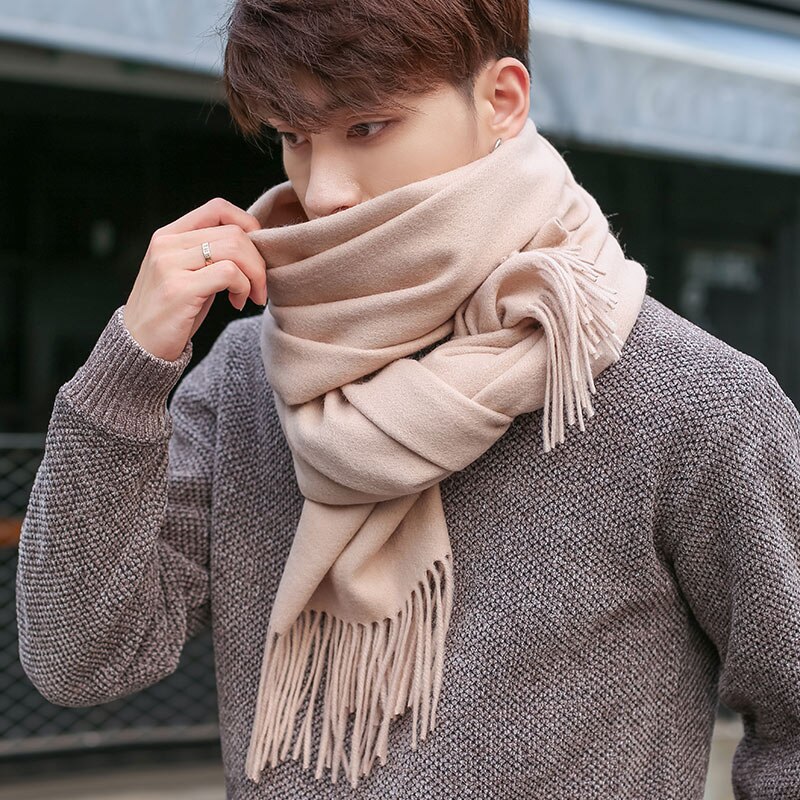 100% Wool Scarf Men Purple Echarpe Luxury Brand Bufanda Hombre Winter Cashmere Scarf Male Warm Solid Pashmina Shawls: Beige