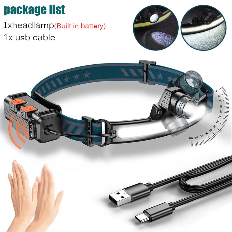 zoom+ Sensor Led XPG + COB Scheinwerfer 2000mAh 18650 USB Kopf Lampe Tragbare Flutlicht Taschenlampe Wasserdichte Laterne: Type-A  package A