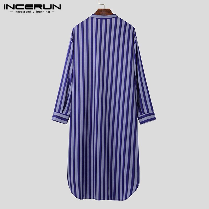 Men Striped Robes Sleepwear Stand Collar Long Sleeve Pockets Bathrobes Leisure Cozy Loose Mens Nightgowns Homewear S-5XL INCERUN