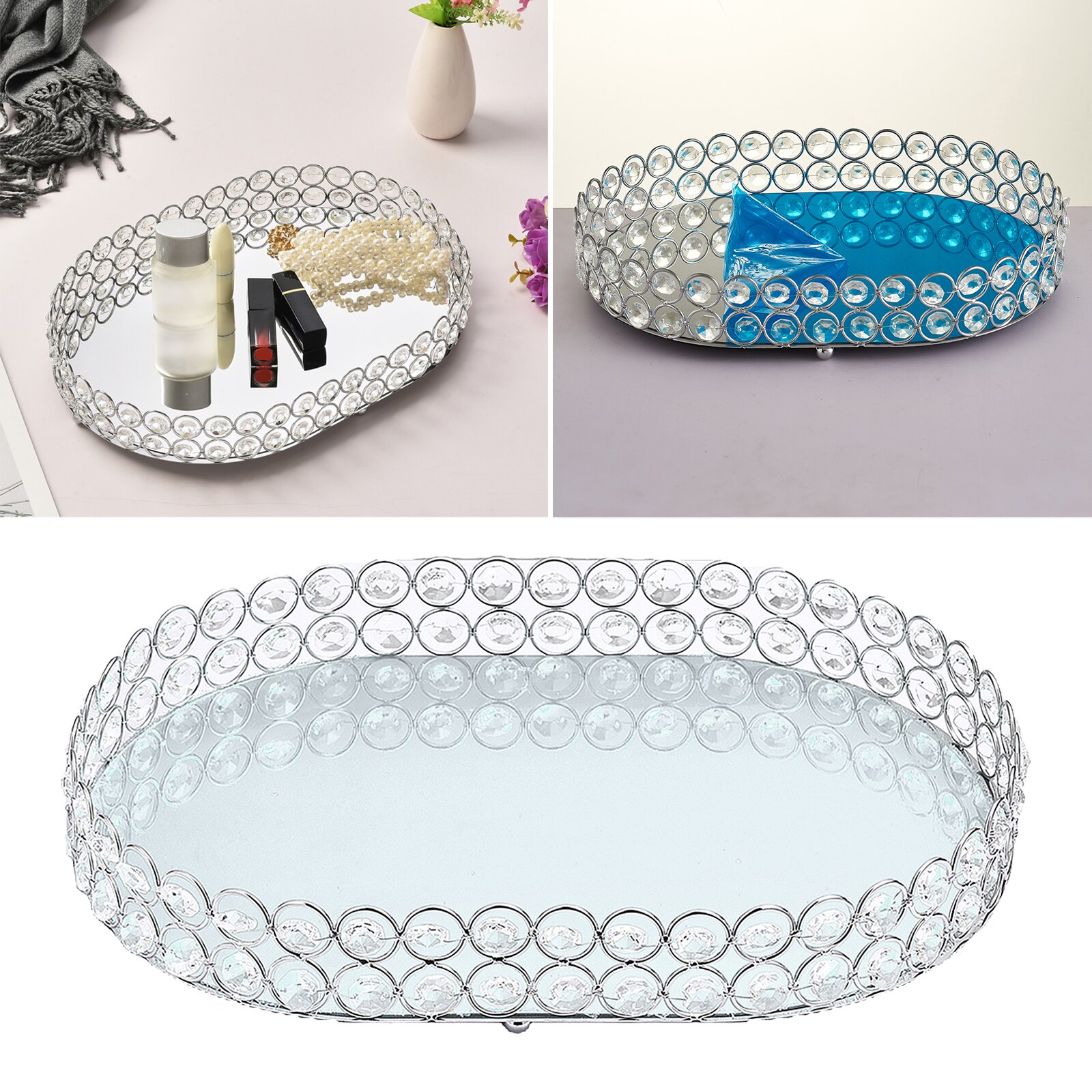 Mirrored Crystal Vanity Tray Delicate Jewelry Storage Tray Glass Mirror Base Bedroom Bathroom Desktop Cosmetic Organize Plate
