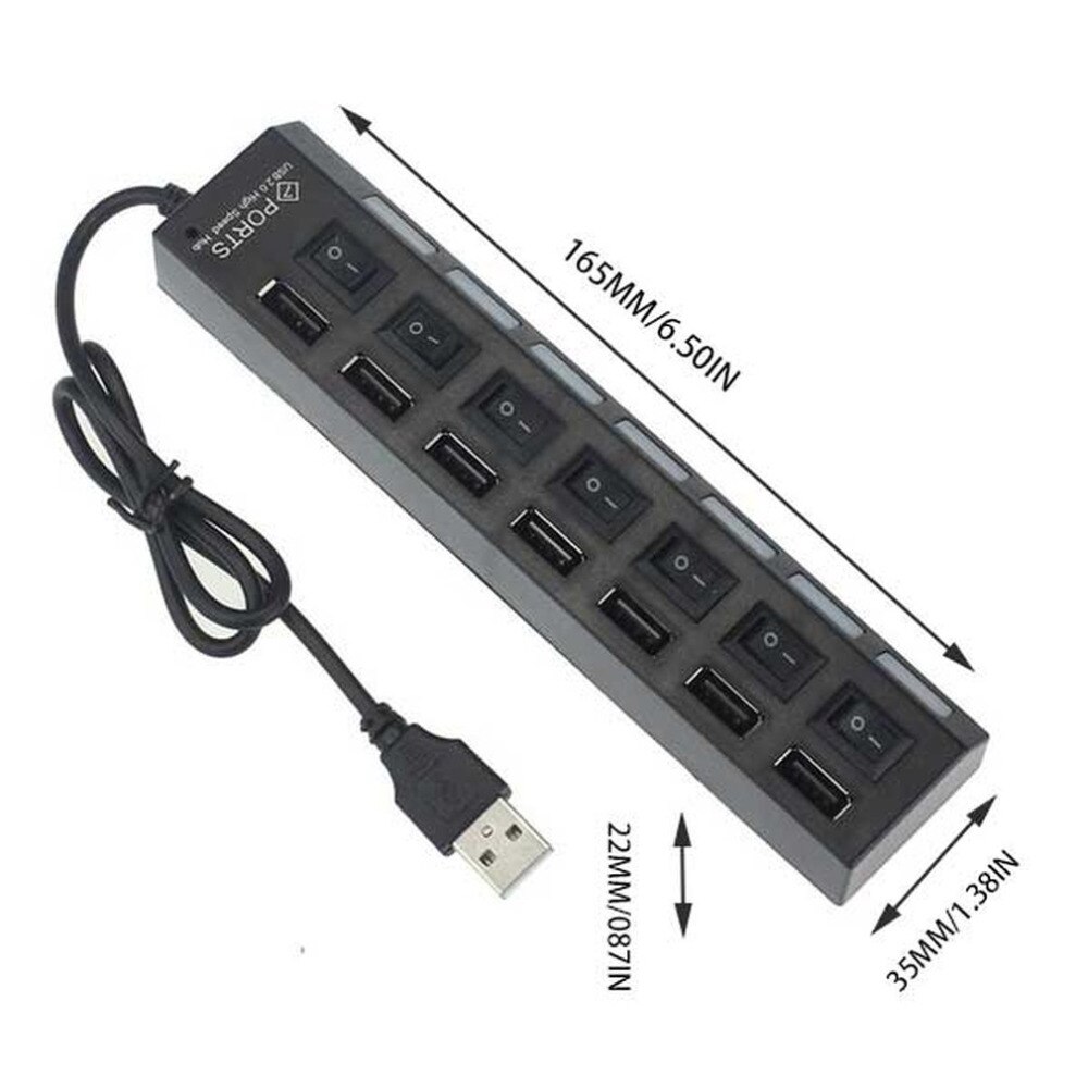 Socket with LED Indicator 7 Ports USB3.0 Adapter Hub Power on/off Switch Plug & Play High Speed Portable For PC Laptop