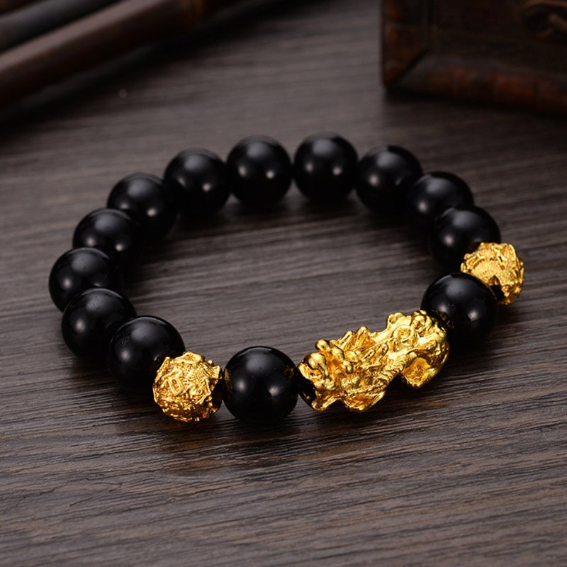 Obsidian Stone Beaded Bracelet with Golden Pixiu Charms Pendant for Men Buddhist Jewelry TT@88