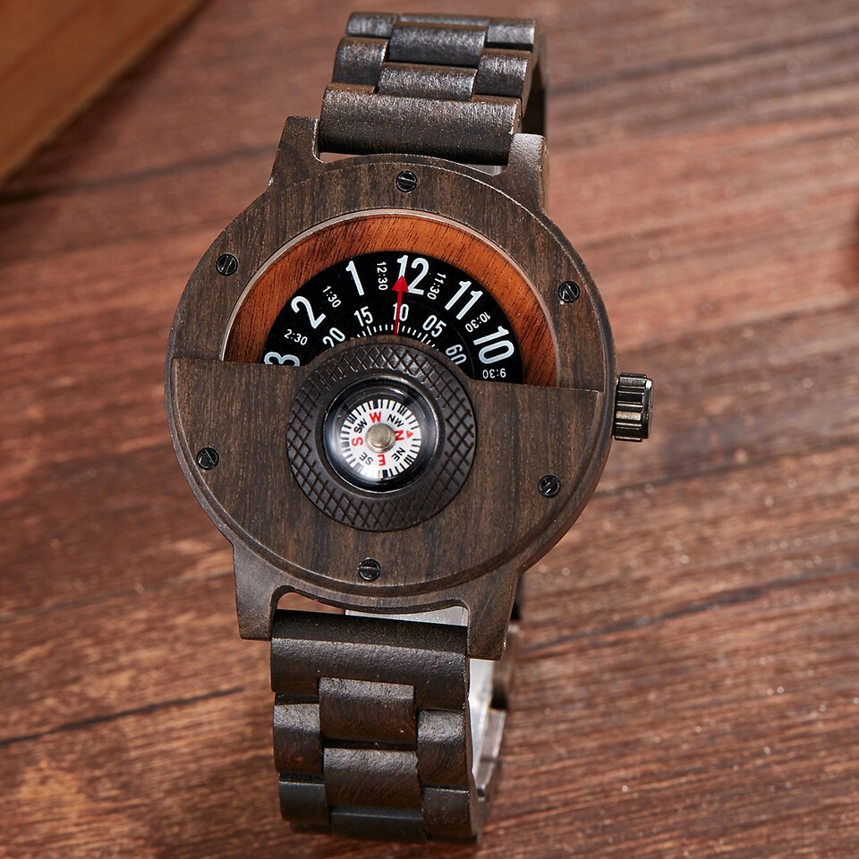 Creatieve Kompas Draaitafel Nummer Houten Horloge Mannen Volledige Hout Band Vintage Natuurlijke Hout Horloges Relogio relojes de madera