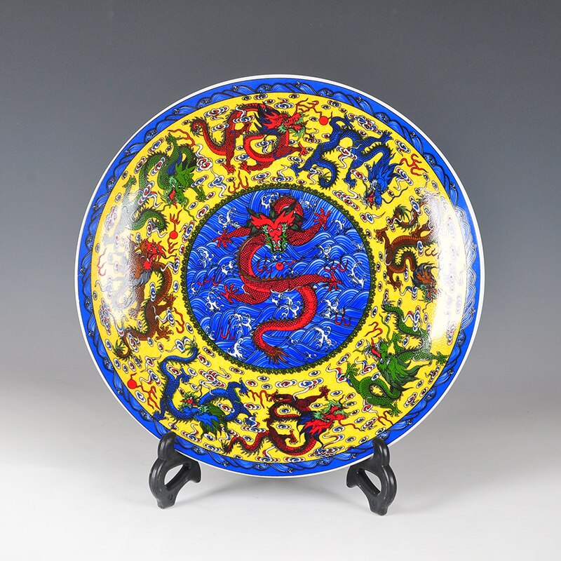 Fengshui Art Keramische Sier Plaat Oude Chinese Negen Draken Decoratie Hout Base Porselein Traditionele Chinese Plaat Set
