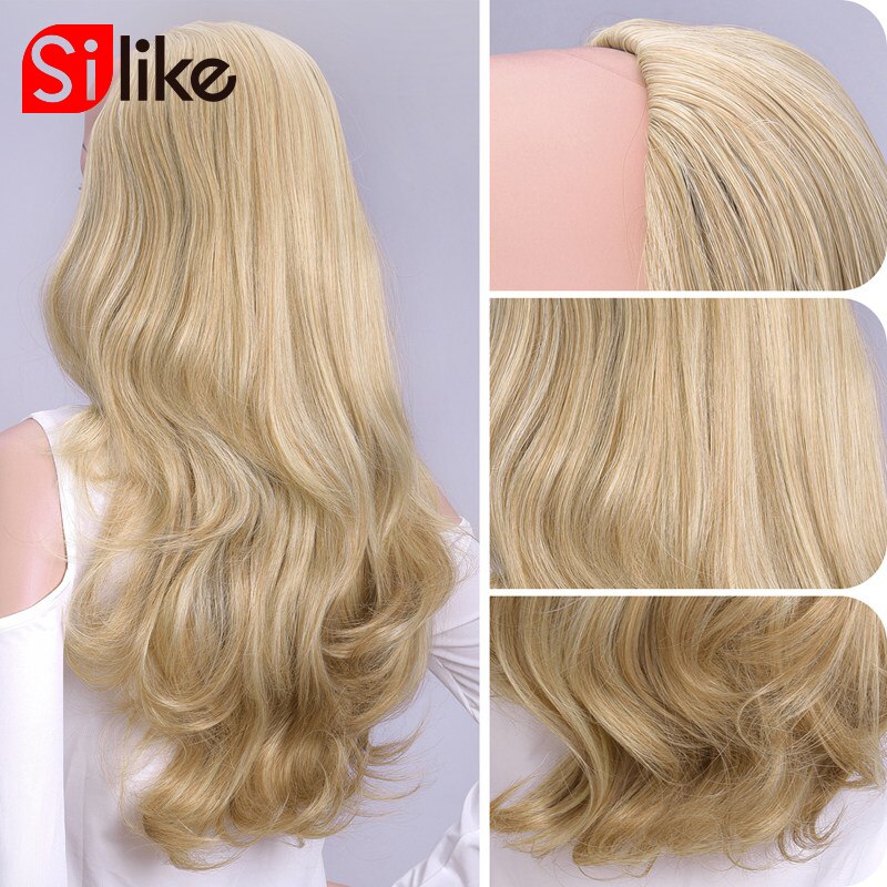 Silike Synthetische 3/4 Halb Perücken 24 Zoll Lange blond Wellenförmige Perücke Mit Clip in Haar Verlängerung 16 Farbe 210g für Schwarz Weiß Frauen