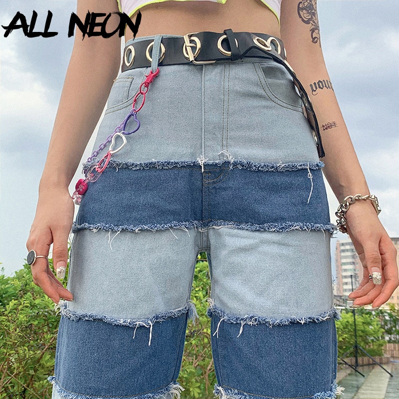 ALLNeon Y2K e-girl parches coser Stitch Jeans para mujeres Hip Hop cintura alta Denim suelta pantalones largos conjunto Streetwear
