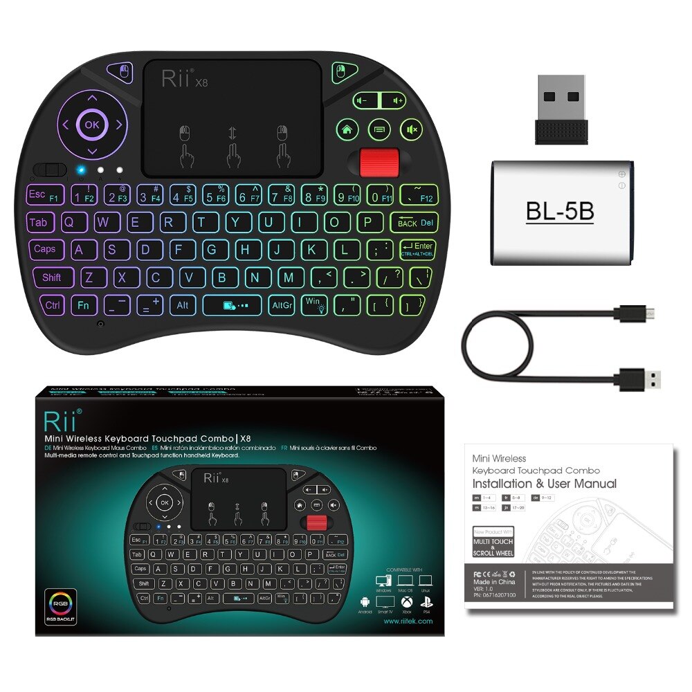 Rii X8 2.4 GHz Mini Draadloze Toetsenbord met Touchpad, veranderlijke kleur LED Backlit, Oplaadbare Li-Ion Batterij