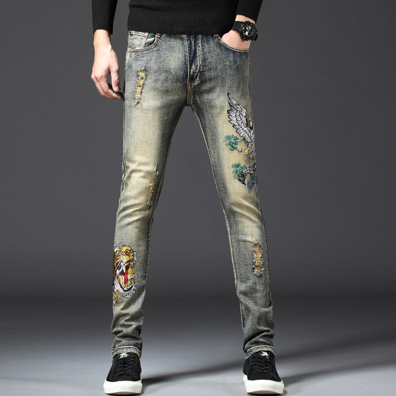 Mode Mannen Patches Jeans Eagle Tijger Borduurwerk Gat Slanke Denim Broek Vintage Ripped Stretch Skinny Mannelijke Jeans