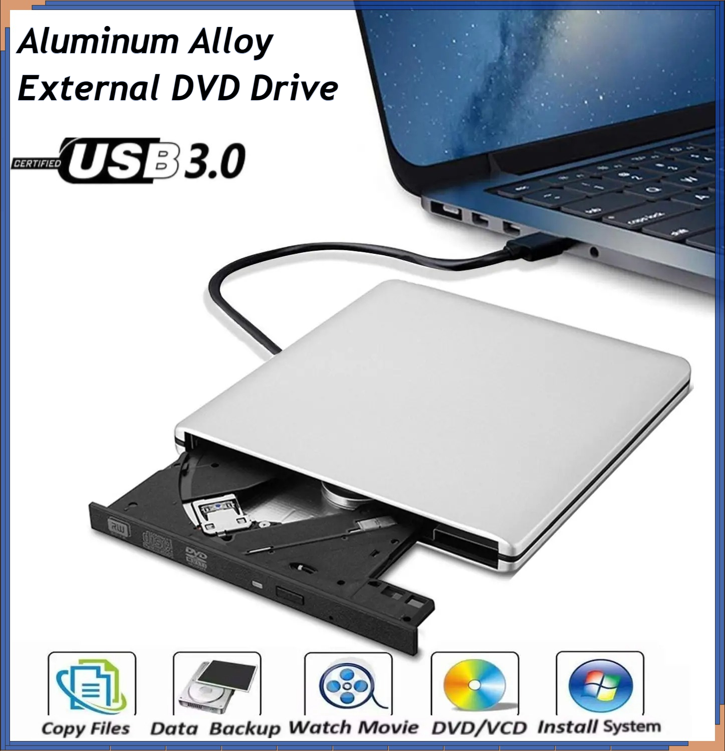 Unidade óptica externa ultrafina com gravador de cd/dvd, usb 3.0,  em liga de alumínio, compatível com cd+/-rw e dvd+/-rw para laptops e pcs.