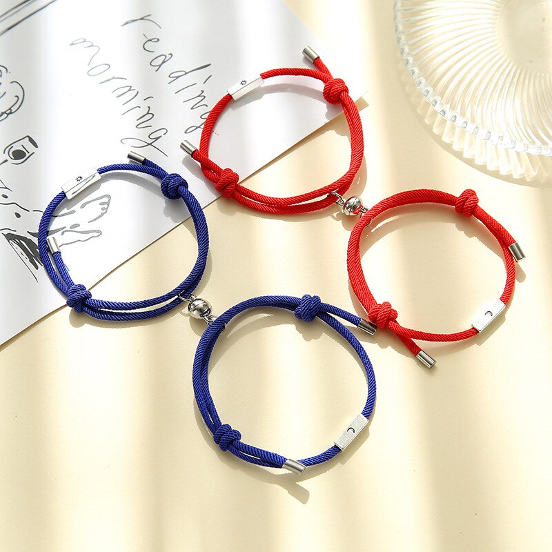 2 teile/satz Sonne Mond Paar Armbänder verrotten Schnur Freundschaft Schmuck Magnetische Glocken Perlen Einstellbare Seil Armbinde Handgemachten Schmuck