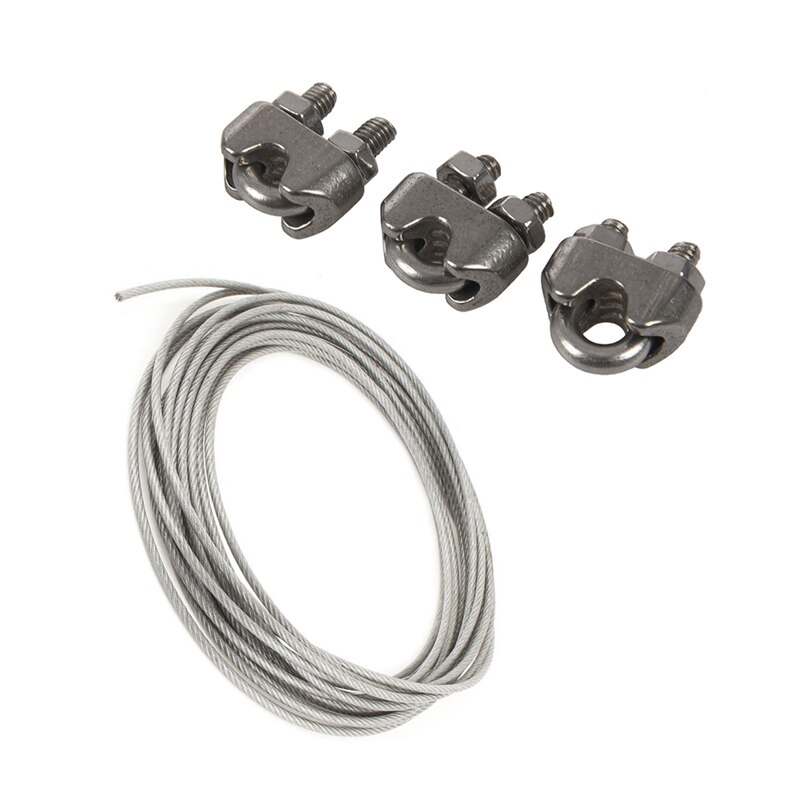 5mm Dia Steel PVC Coated, Flexible Wire Rope Cable with 6Pcs 304 Stainless Steel Saddle Clamp Cable Clip