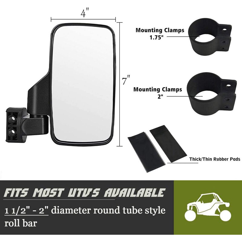 2PCS UTV Side View Mirrors for 1.75"/2" Roll Bar Cage Adjustable Wide Rear Clear View Mule Mirrors for Polaris RZR for Kawasaki