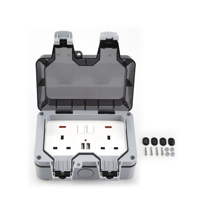 Convenient Electrical Sockets Waterproof IP66 13A 2 Gang USB Socket Switched Double IP66 Outside Use Double Switched Socket