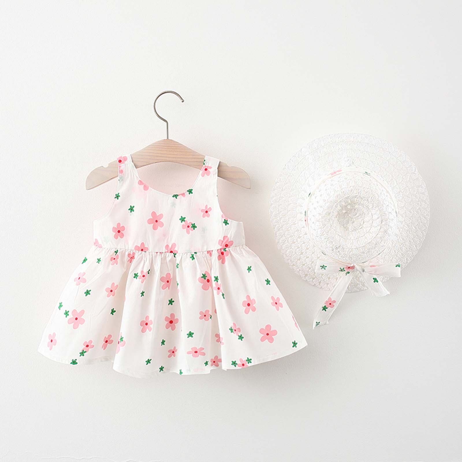 1-4Years Meisje Sling Jurk Bloemenprint Zomer Peuter Baby Mouwloze Zoete Tutu Jurken + Visser Hoed Strik Geplooide Rok