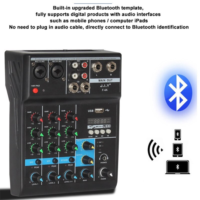 4 -kanavainen bluetooth -mikseri tai miksaus -dj -konsoli, jossa on kaikuefekti kotikarokeen usb -live -lavalle ktv