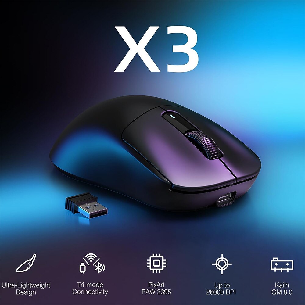 Lekka bezprzewodowa mysz do gier X3 z 3 trybami 2.4G USB-C Przewodowy czujnik optyczny Bluetooth 26K DPI PAW3395 do komputera PC/laptopa/Win/Mac