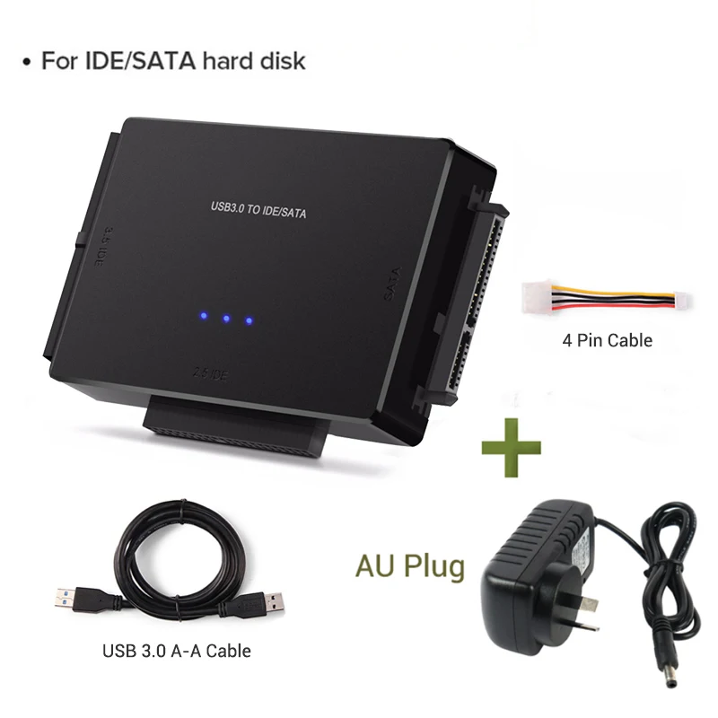 USB 3.0 zu SATA IDE Adapter Festplattenadapter Konverter für 2,5"/3,5" SATA/IDE/SSD Festplatten mit 12V 2A Netzteil: Silber