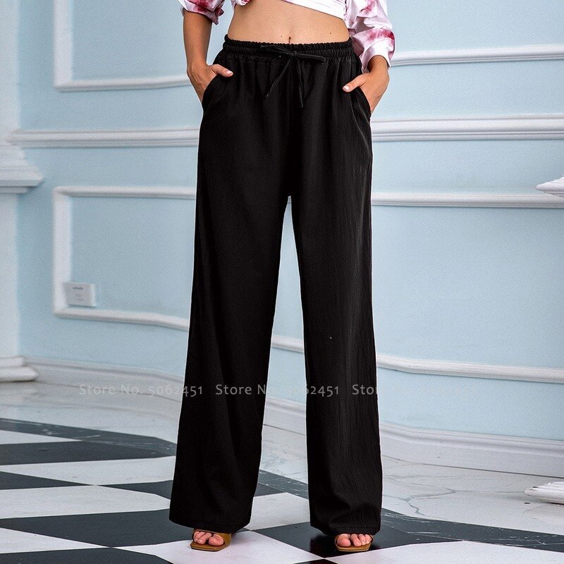 Pantalon en lin pour femmes, Style chinois décontracté, rétro, droit, jambes larges, Vintage, ethnique, orientale, Streetwear