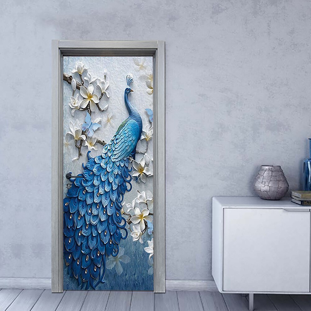 Blue Peacock Pattern Door Sticker 3D Wall Sticker Bedroom Study Bathroom Door Mural Vinyl Poster Decorative