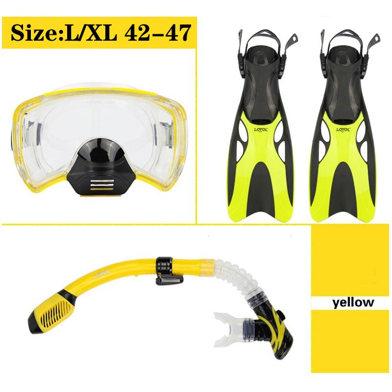 Diving Mask Diving Fins Snorkeling Tube Set Men Women Shoes Swim Glasses Adult Long Flippers Sports Equipment: Yellow Size 42-47