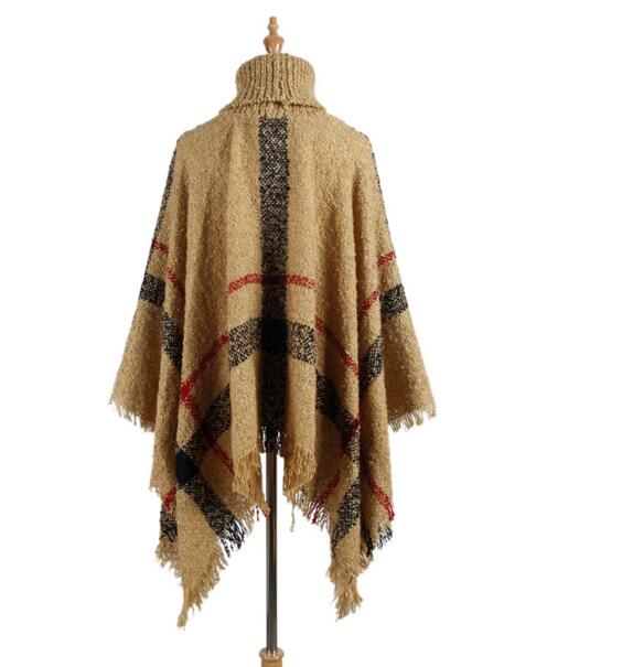 Efterår vinter poncho strikket rullekrave plaid kvinder poncho flagermusærmer lange ponchoer og kapper sweater pullovere