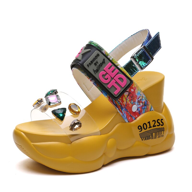 Sommer kvinder sandaler gennemsigtig diamant kile sandal rhinestone høje hæle chunky platform sko kvinde: Gul / 35