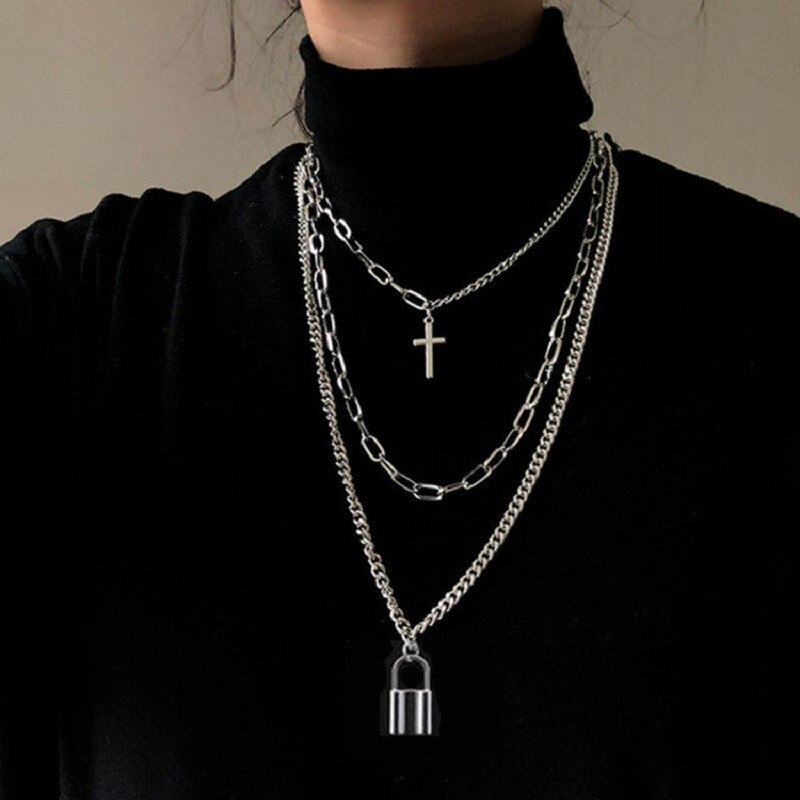 Hip Pop Punk Multi Gelaagde Lock Hanger Ketting Voor Vrouwen Mannen Zilveren Kleur Kruis Hanger Charms Ketting Lange Kettingen Sieraden: OV52929