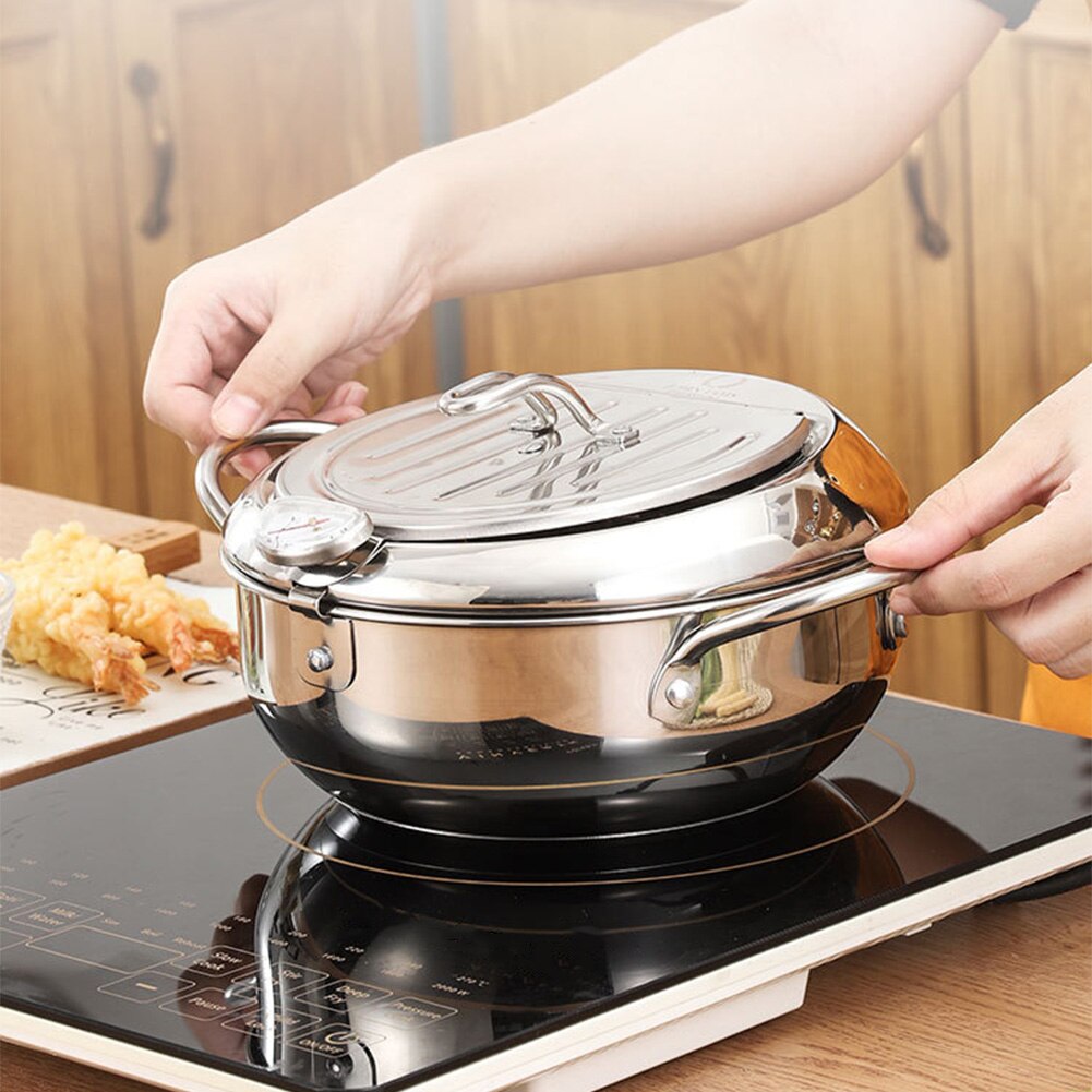 Multifunktionel frituregryde med låg stegt kyllingolie cylinder køkken tempura gryde temperatur kontrol hjemmelavede værktøjer